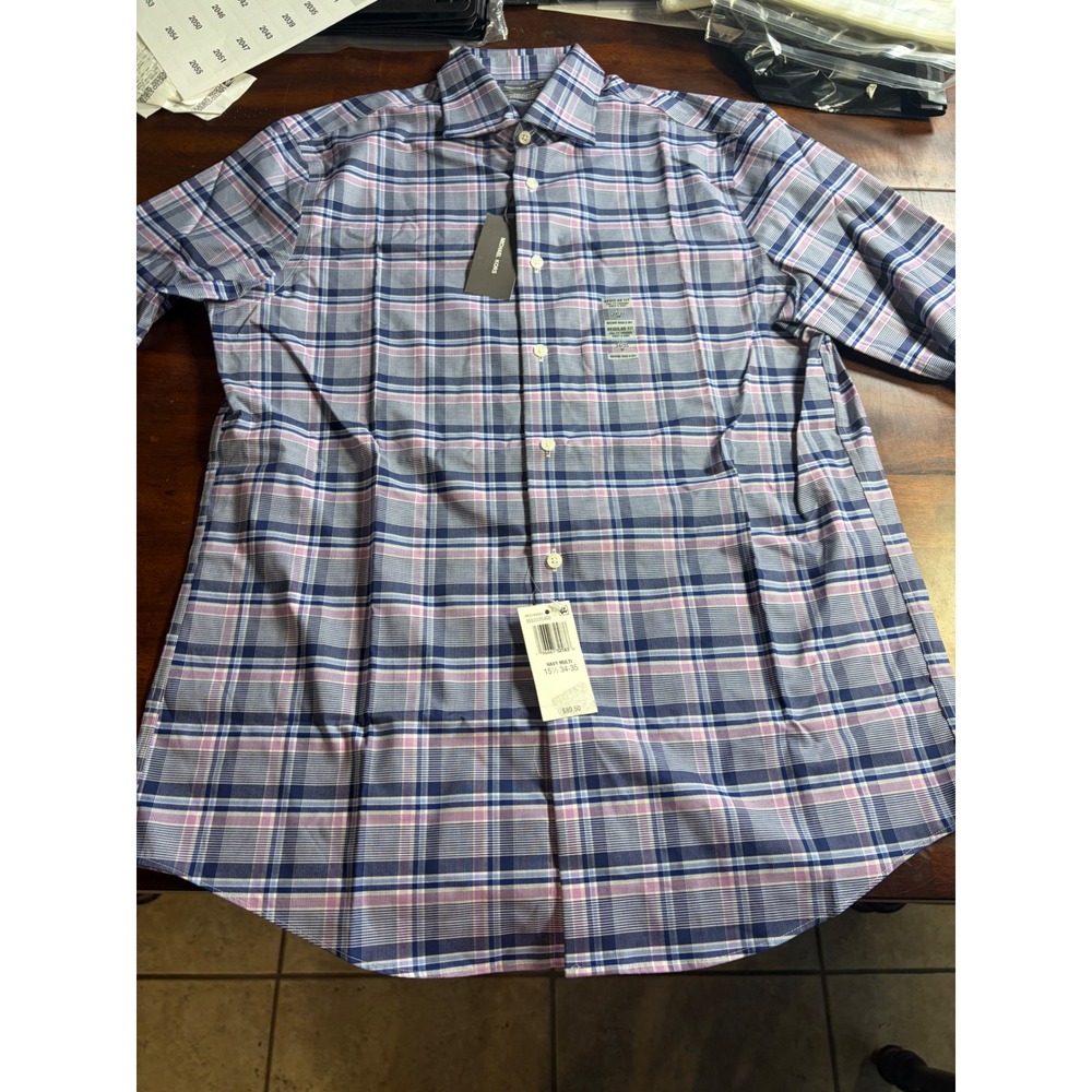 Michael Kors Mens Navy Purple Plaid Airsoft Stretch Dress Shirt 15.5 34-35 M